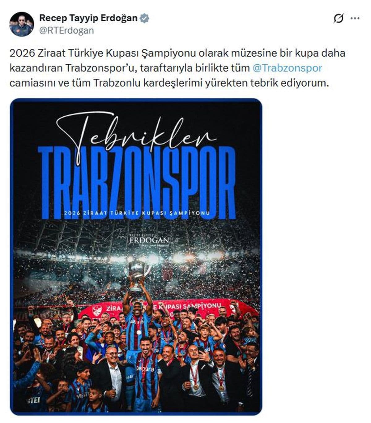 Erdoğan'dan Trabzonspor'a şampiyonluk tebriği